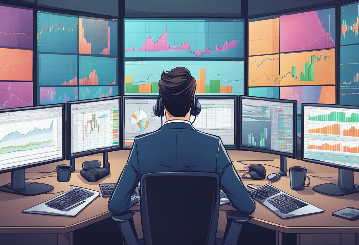 A forex broker sitting at a desk, surrounded by multiple computer screens displaying charts and graphs. A phone and notebook are on the desk, with the broker deep in concentration