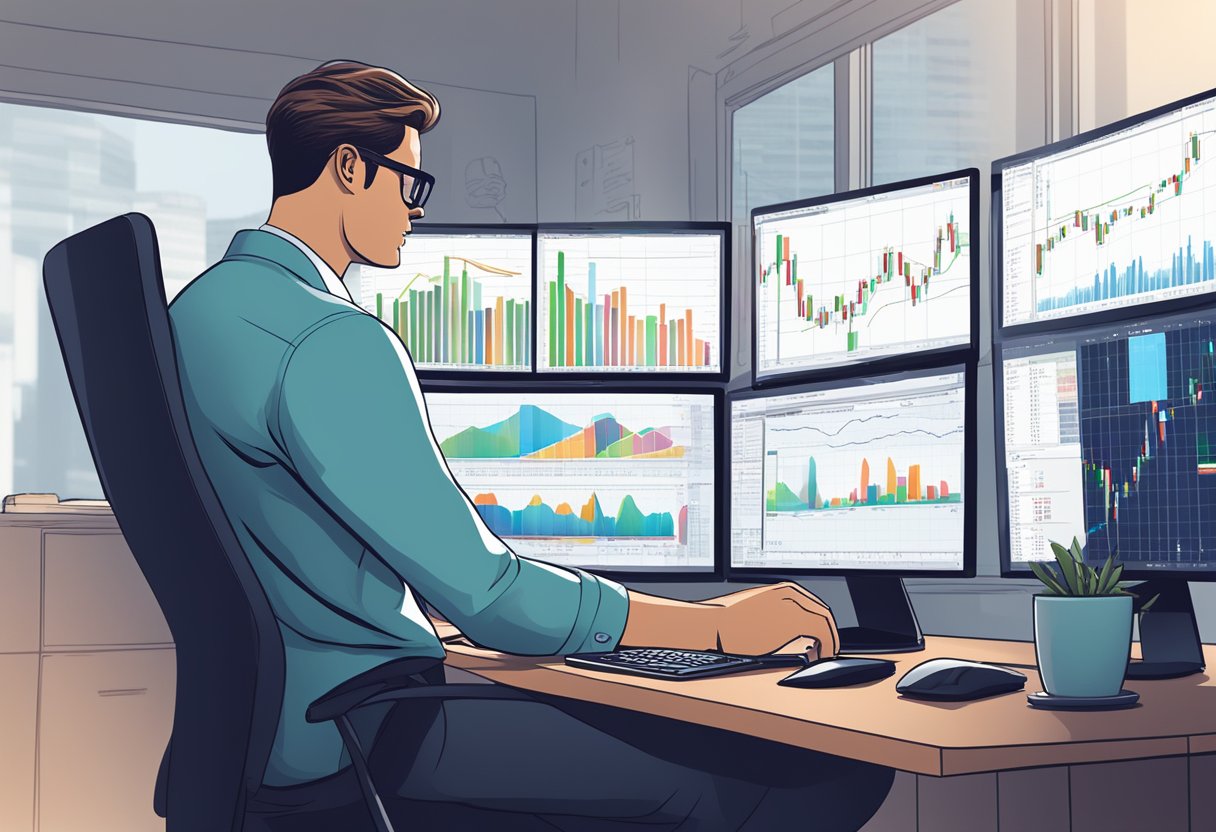 A forex broker sits at a computer, analyzing market data and executing trades. Charts and graphs are displayed on the screen, while risk management tools are at hand